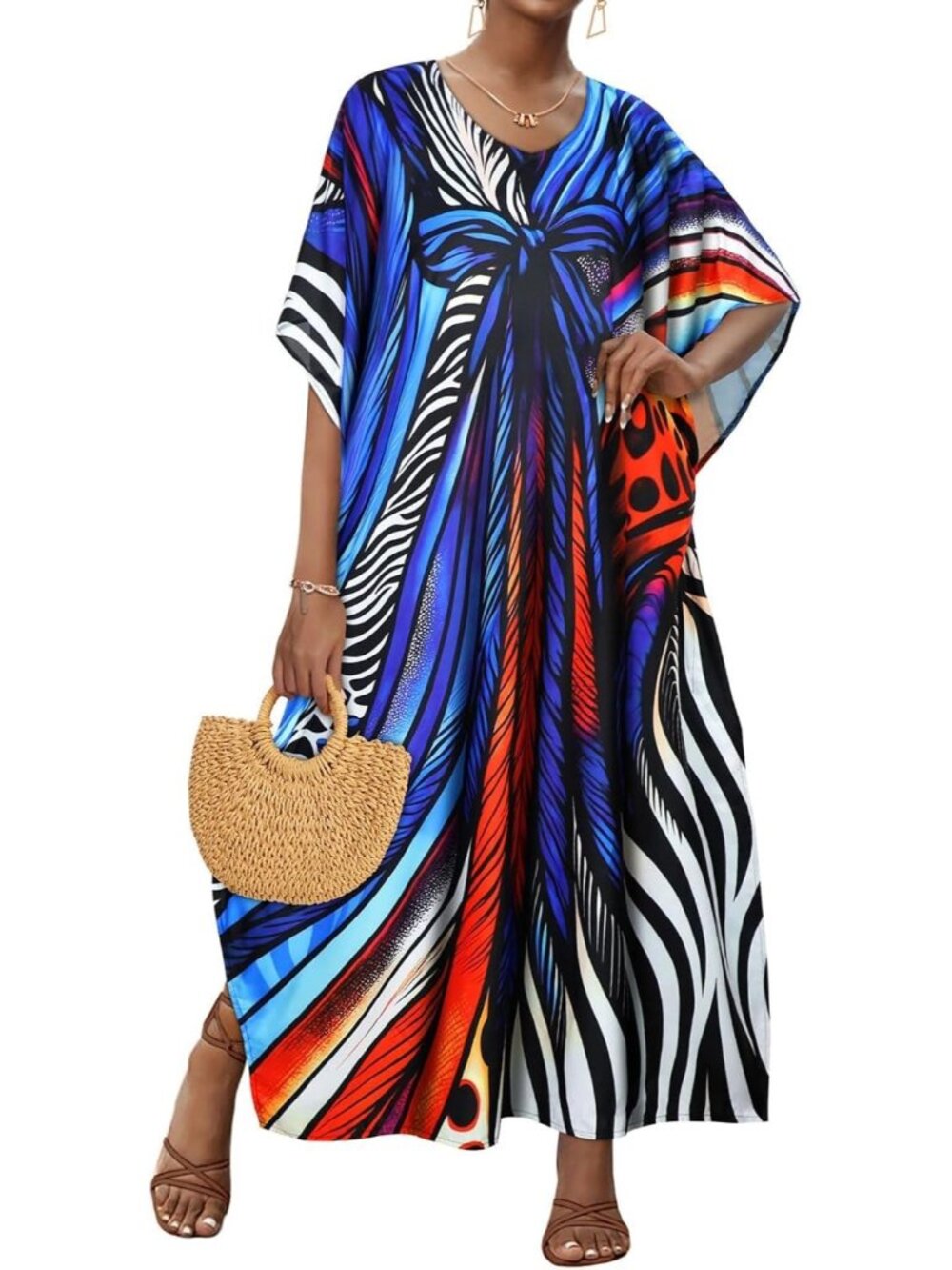 Women's Blue White Plus Size V Neck Caftan Long Batwing Sleeve Swimsuit Cover Up